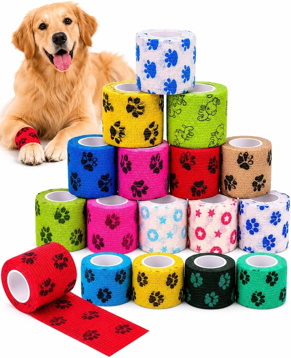 Zelfklevende bandage voor honden, 16 stuks, dierenartsbandage voor poot, staart en vingers, beschermt tegen likken en verwondingen