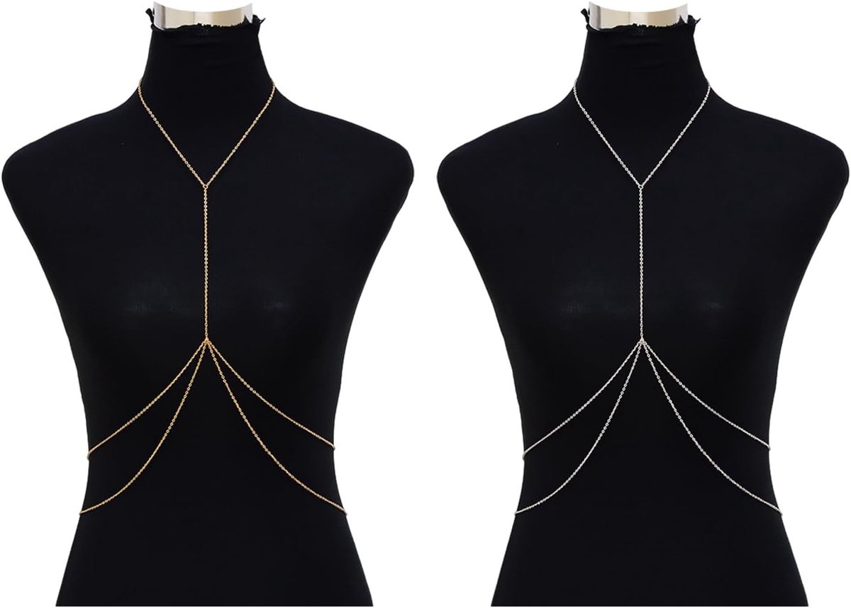 Dubbele Laag Body Chains Set van 2, Y-Vormige Halskettingen voor Zomer en Strand, Sexy Lichaamsdecoraties in Goud en Zilver, Perfect voor Feestjes en Festivals