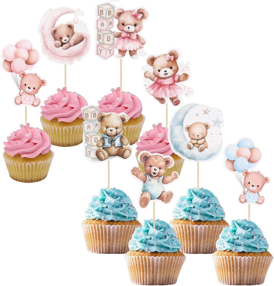 24PCS Cupcake Toppers voor Baby Shower, Schattige Beer Cake Decoraties, Gender Reveal Versieringen voor Feestjes in Blauw en Roze