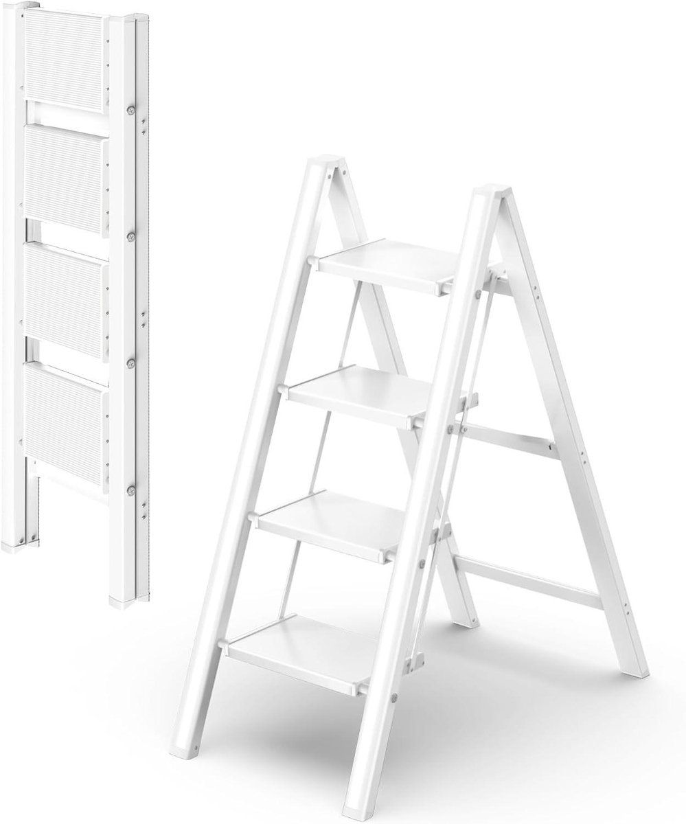 Opvouwbare trap - Stevige kruk - Klusjes in huis - Brede antislip treden - 150 kg belasting - Wit