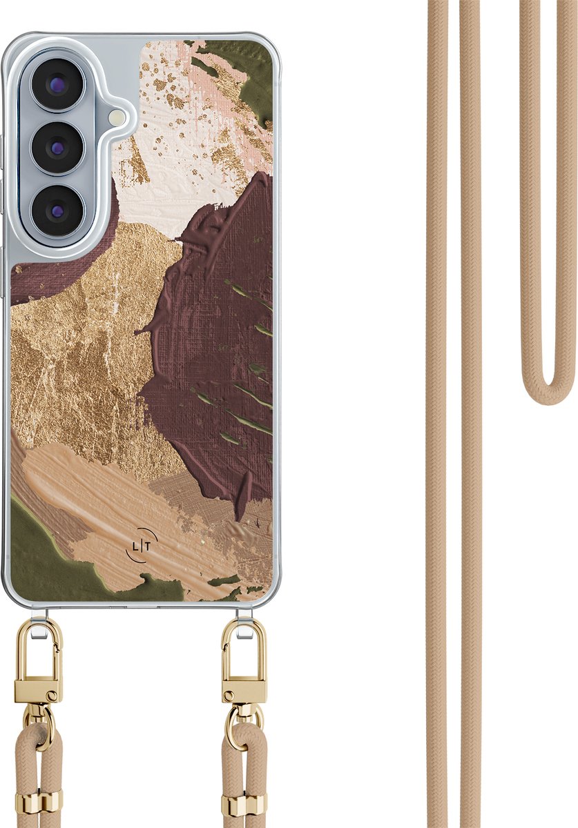Hoesje met koord - Geschikt voor Samsung Galaxy S26 - Abstract art - Verstelbaar zwart koord - Crossbody - Print / Illustratie - Bruin, Beige - Leuke Telefoonhoesjes
