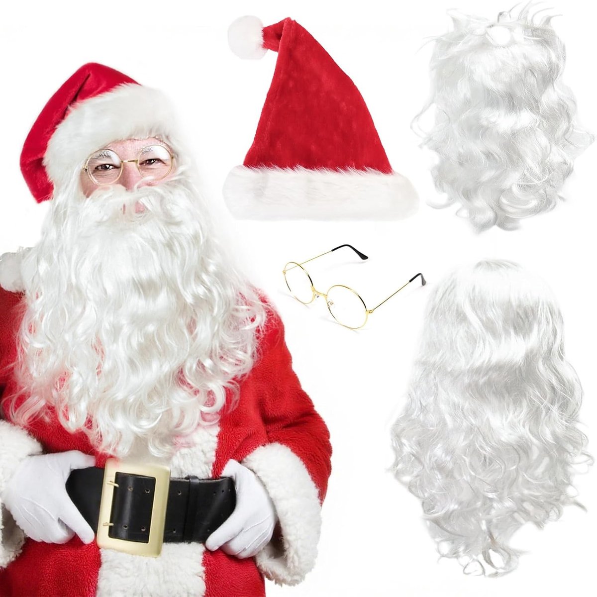 Volledige set van 4 delen voor een volwassen kerstman kostuum met accessoires en hoed