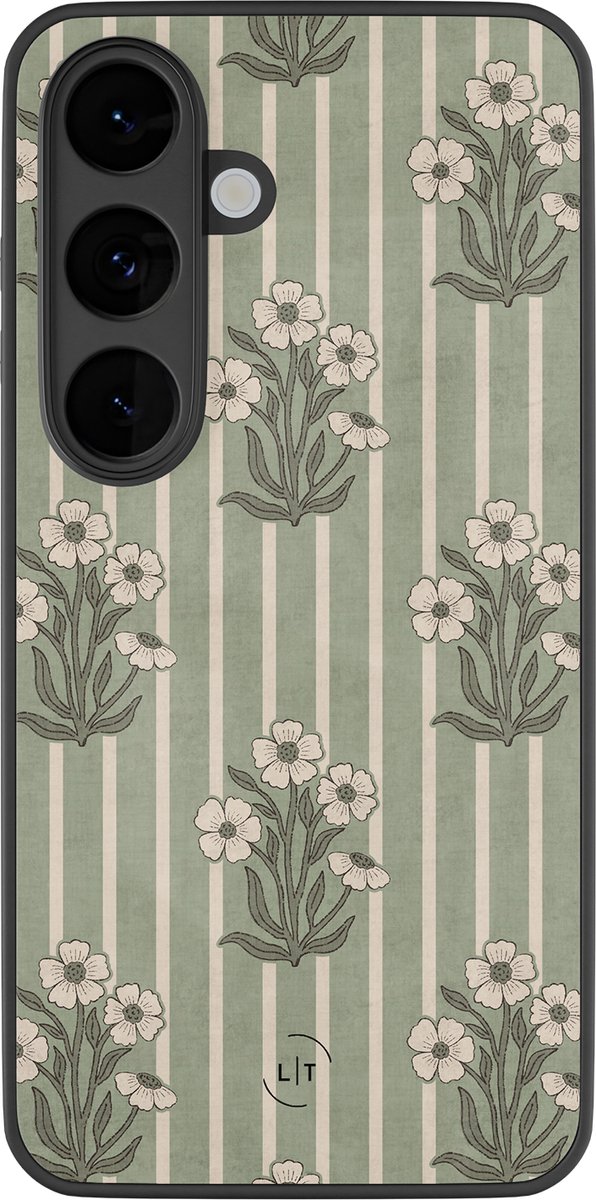 Hoesje geschikt voor Samsung Galaxy S26 - Vintage bloom - Luxe Glazen Hardcase - Bloemen, Gestreept - Groen