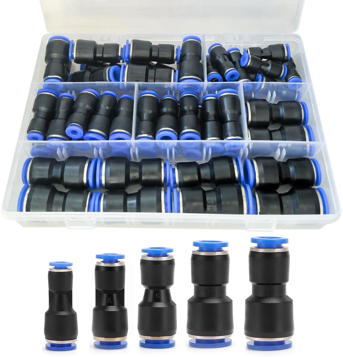 Pneumatische snelkoppelingsset 50 stuks - verloopstukken 6-4, 8-4, 8-6, 10-8, 12-10 mm - ShopVlot