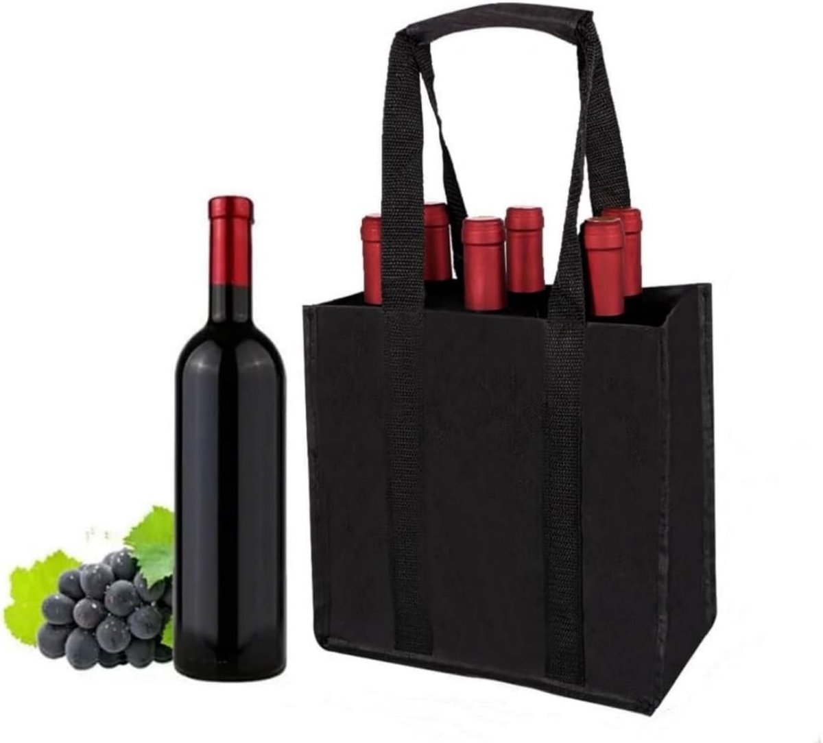 Flessenhouder met 6 Compartimenten, Herbruikbare Flessentas voor Kamperen, Reizen en Winkelen, 27 x 18 x 27 cm, Zwart, Ideaal voor Opberging en Organisatie