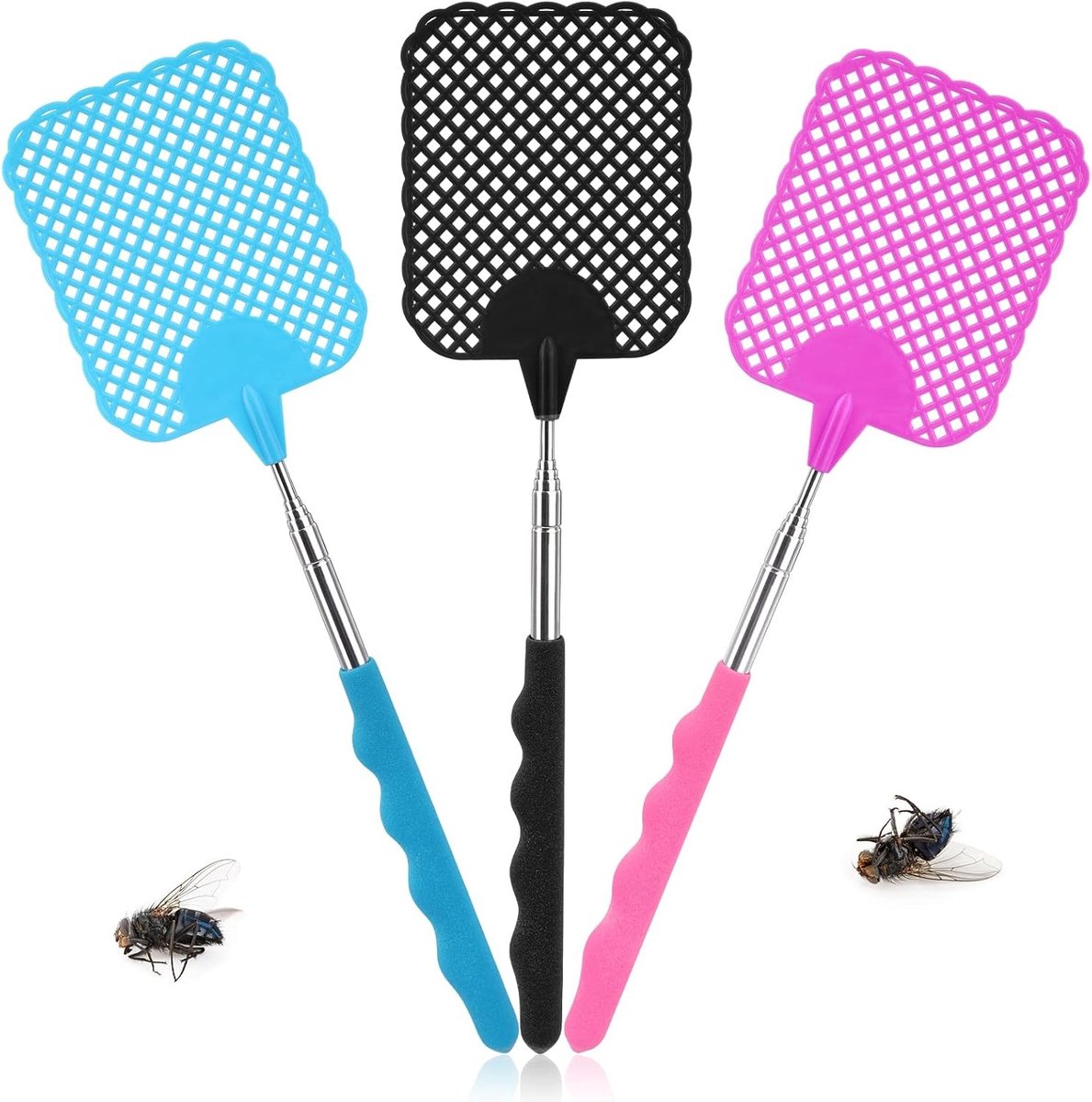 Verlengbare vliegenmepper set van 3 met geïntegreerde muggenkrabber voor het bestrijden van vliegen, wespen en muggen (Zwart, Blauw, Roze)
