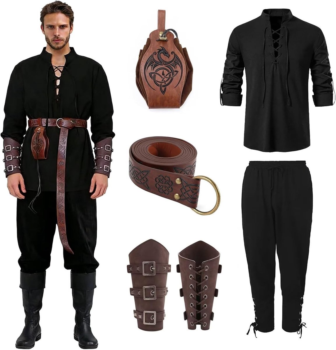 Vijfdelige set middeleeuwse kleding voor mannen met shirt, broek, riem, polsbeschermers en tas voor carnaval en cosplay