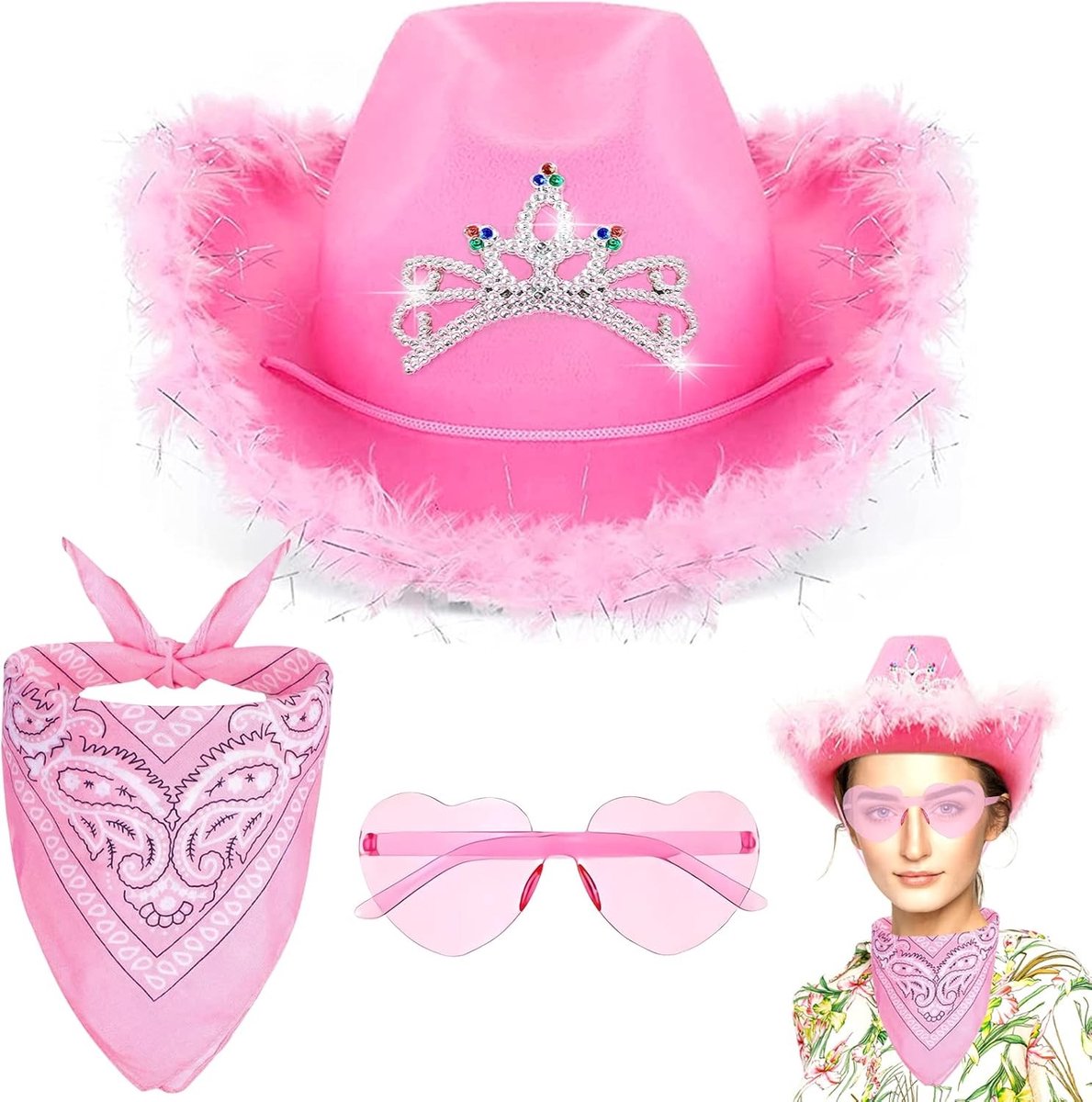 Cowboyhoed set voor dames, 3 stuks met roze hoed, veer, feestbril en bandana, perfect voor cosplay, Halloween en carnaval, kostuumaccessoires