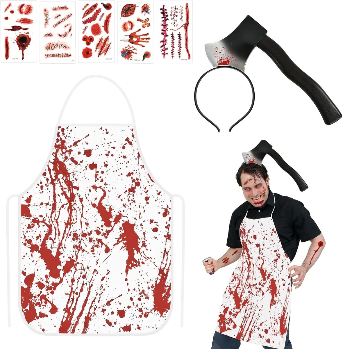 Bloederig Slagerskostuum voor Halloween met Schort, Tijdelijke Tatoeages en Haarband voor Horror Rollenspel en Mannen Kostuum Accessoires