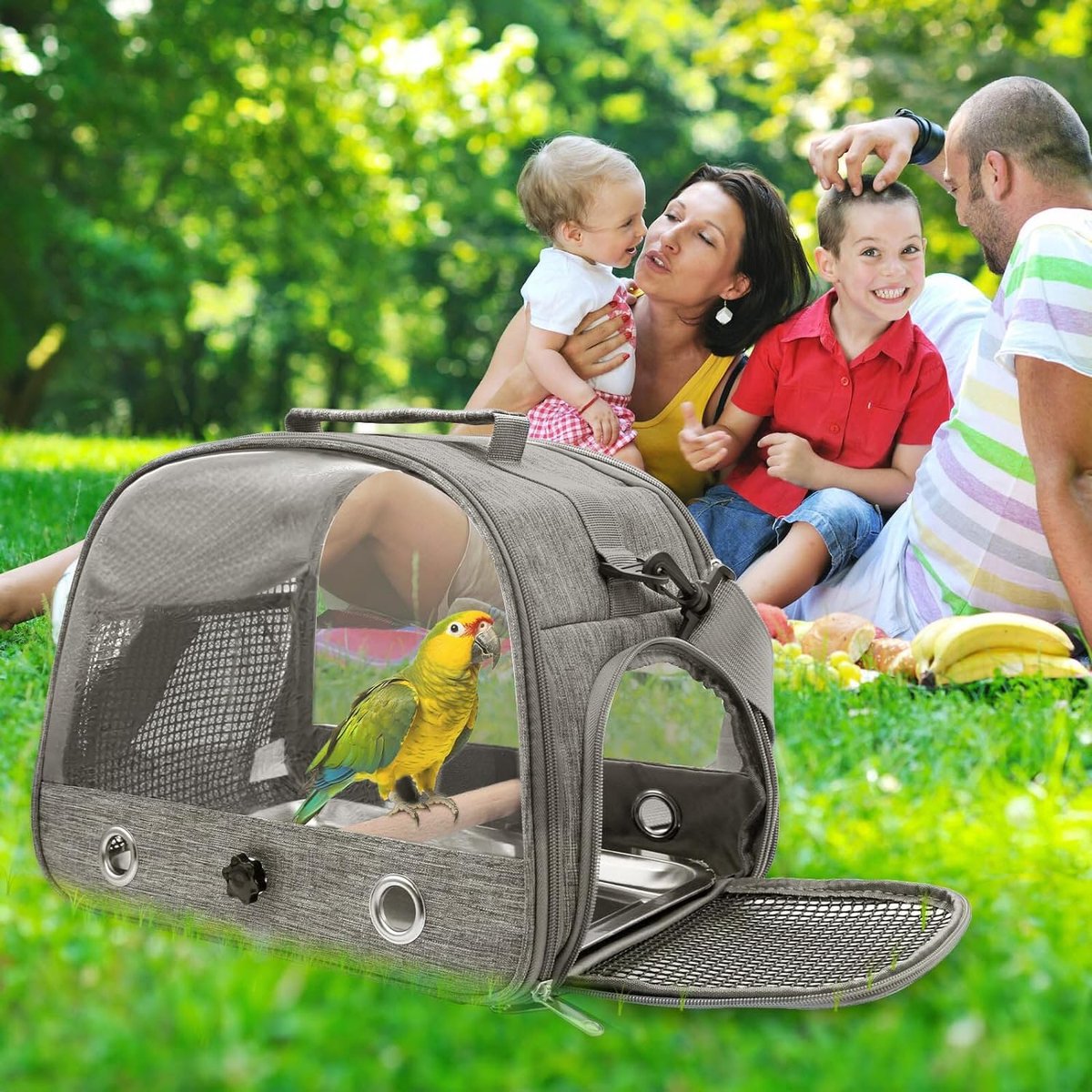 Rugzak voor vogels met houten stok - lichte vogeldraagtas - roestvrijstalen dienblad - ShopVlot