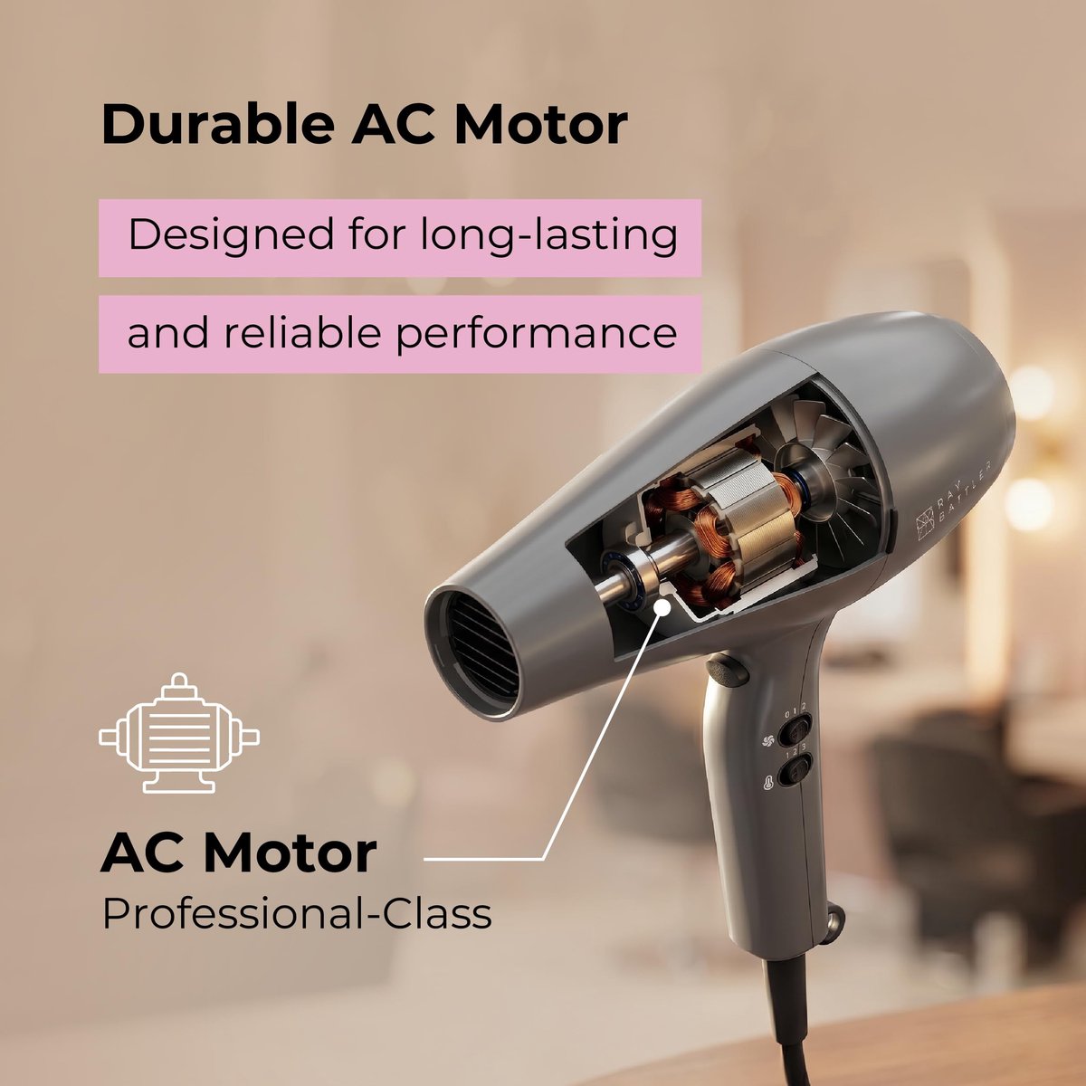 RAY BATTLER Föhn met diffuser, 2600 W haardroger met AC-motor, 3 temperatuurniveaus, 2 luchtstanden, koude - ShopVlot