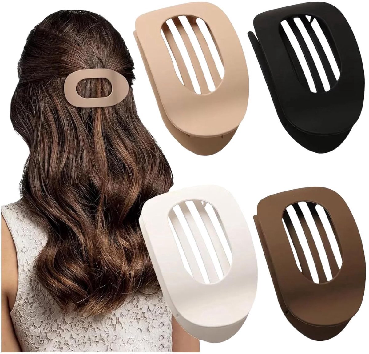 casalora Platte Haarklemmen Dames 4 Stuks – Antislip Duckbill Haarklem – Matte Ovale Haarclip – Voor Dik en Fijn Haar – 9,5 x 5,5 cm - Zwart+Donkere koffie+Khaki+Wit