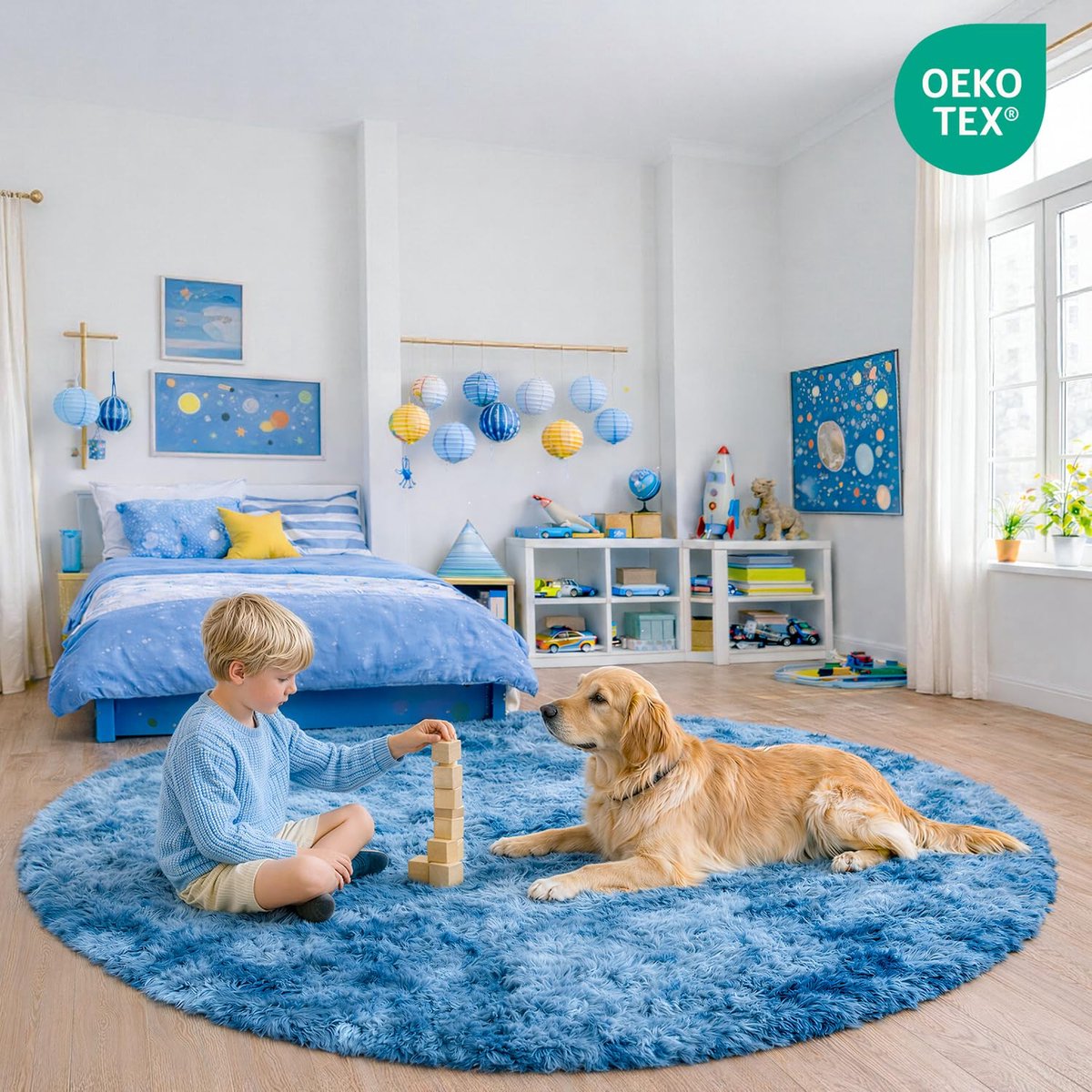 Vloerkleed rond 100 cm - pauwblauw - hoogpolig - zacht en pluizig voor kinderkamer - ShopVlot