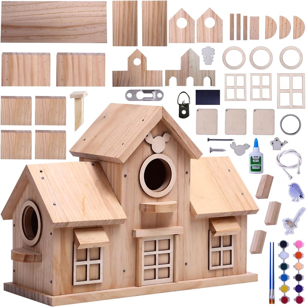 Decoratief Vogelhuis - Natuurlijk Grenenhout - Met Dubbele Ingang - Rustieke Stijl - Voor Tuinvogels