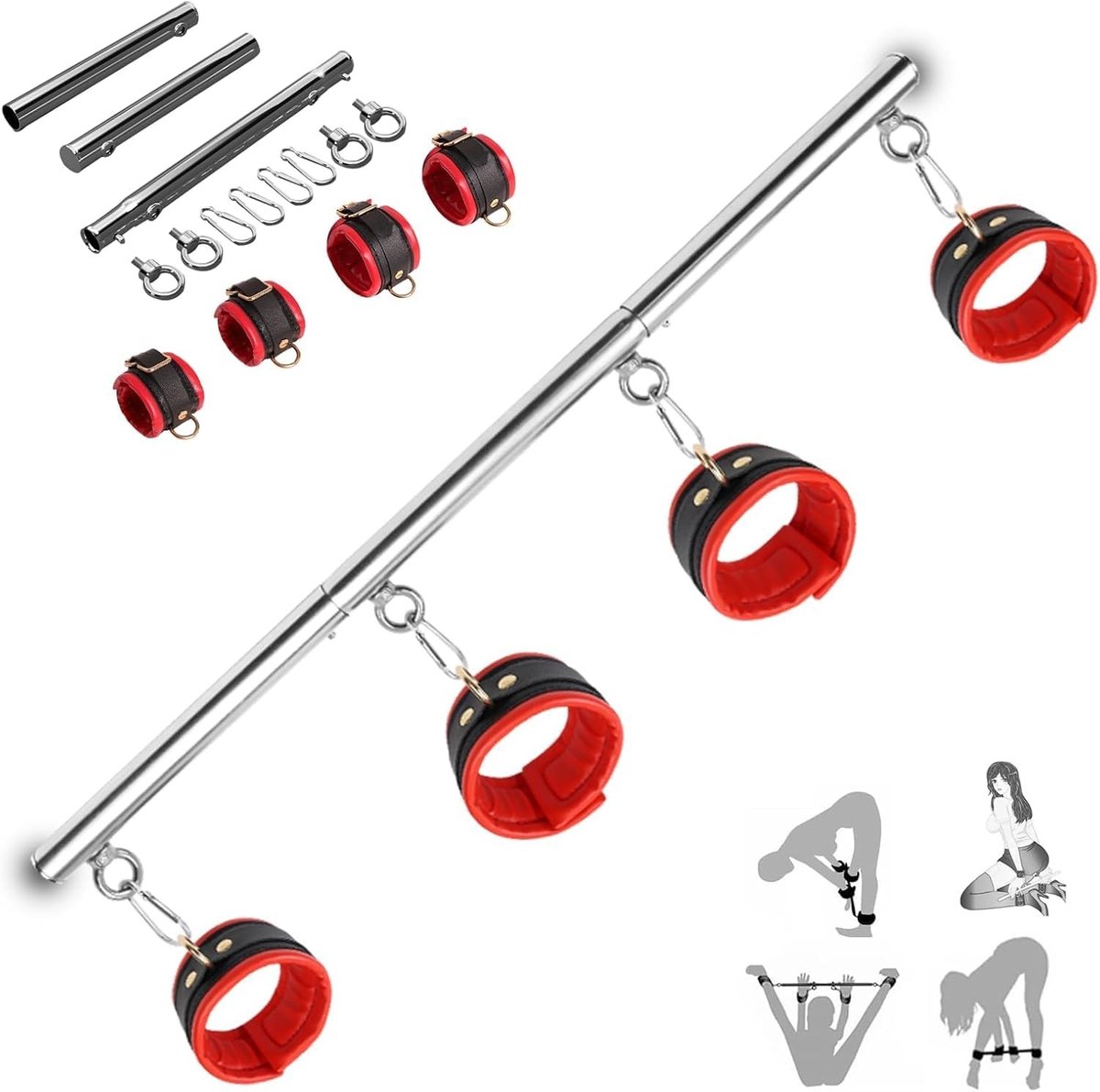 Robuuste uittrekbare zilveren roestvrijstalen stang met 4 verstelbare zwarte PU banden voor yoga, Pilates en thuisfitness | Sporttraining en krachttraining