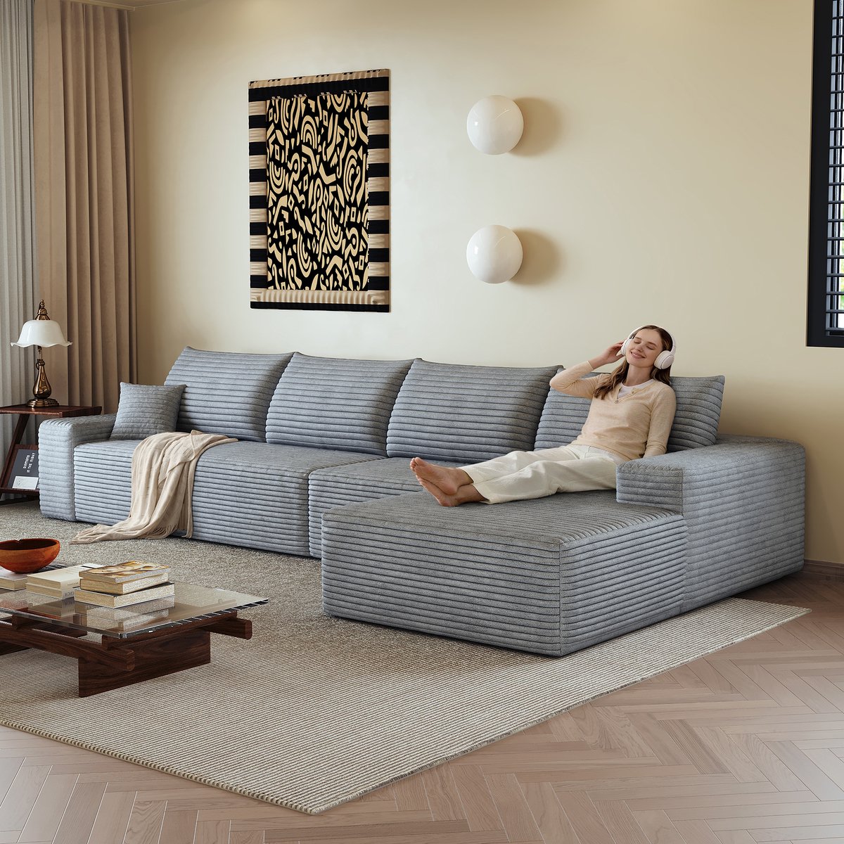 DESMIU Hoekbank 340 Cm - Modulair L Vormig Met Chaise Longue En Diepe Zitting - Voor Woonkamer En Appartement - Corduroy - Grijs