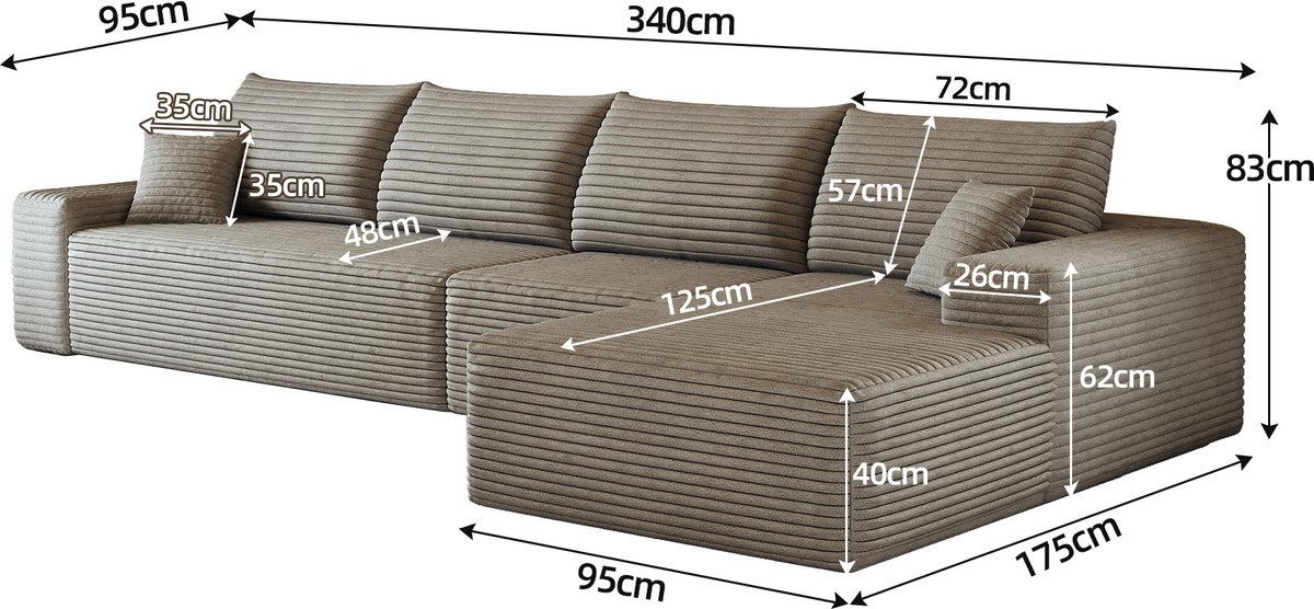 DESMIU Hoekbank 340 Cm - Modulaire L Vormige Chaise Longue - Zachte Corduroy Bank Voor Woonkamer En Appartement - Stof Camel