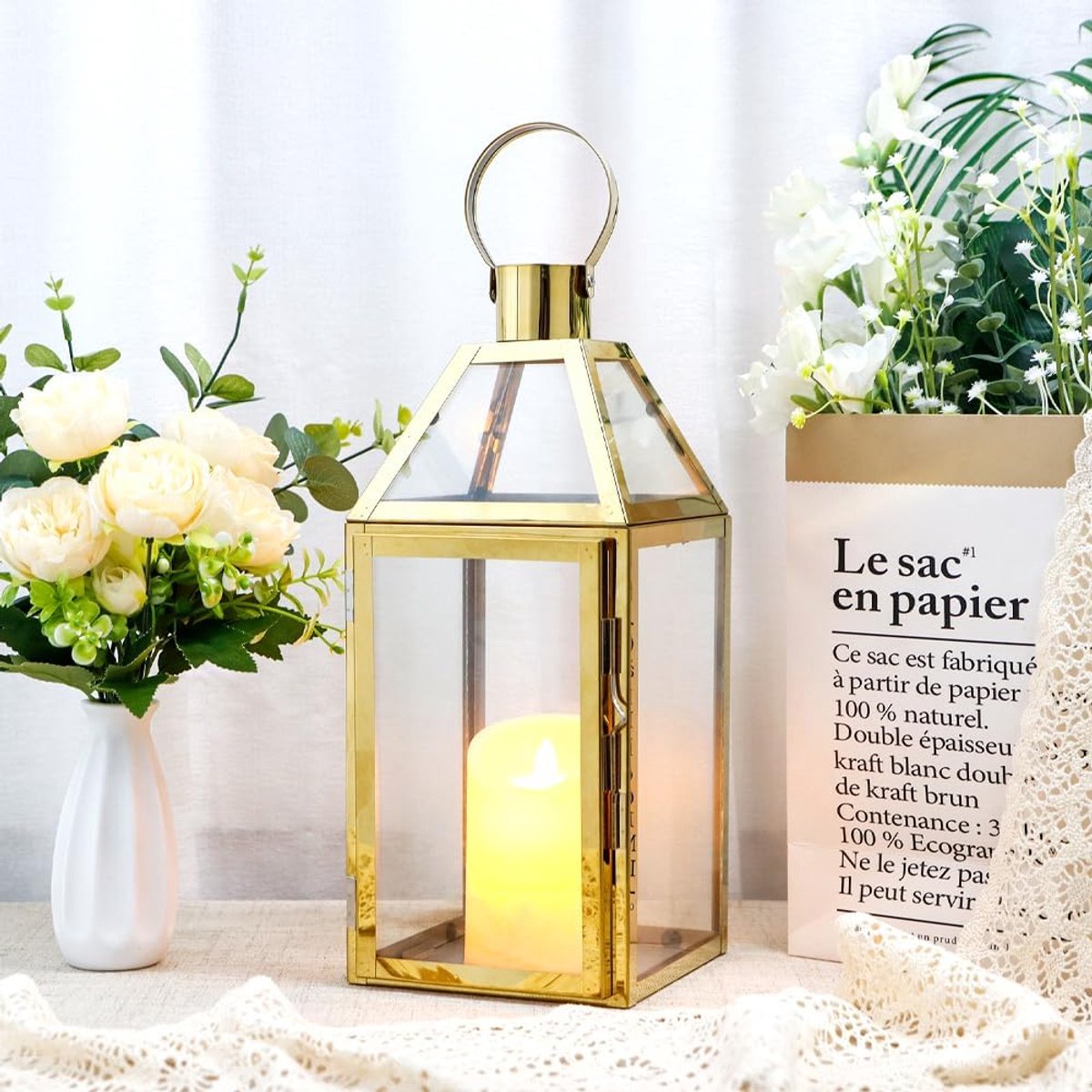 JHY Design Golden Decorative Lanterns, Stainless Steel Candle Lanterns, 34cm High, Hanging Lantern for Balcony - ShopVlot
