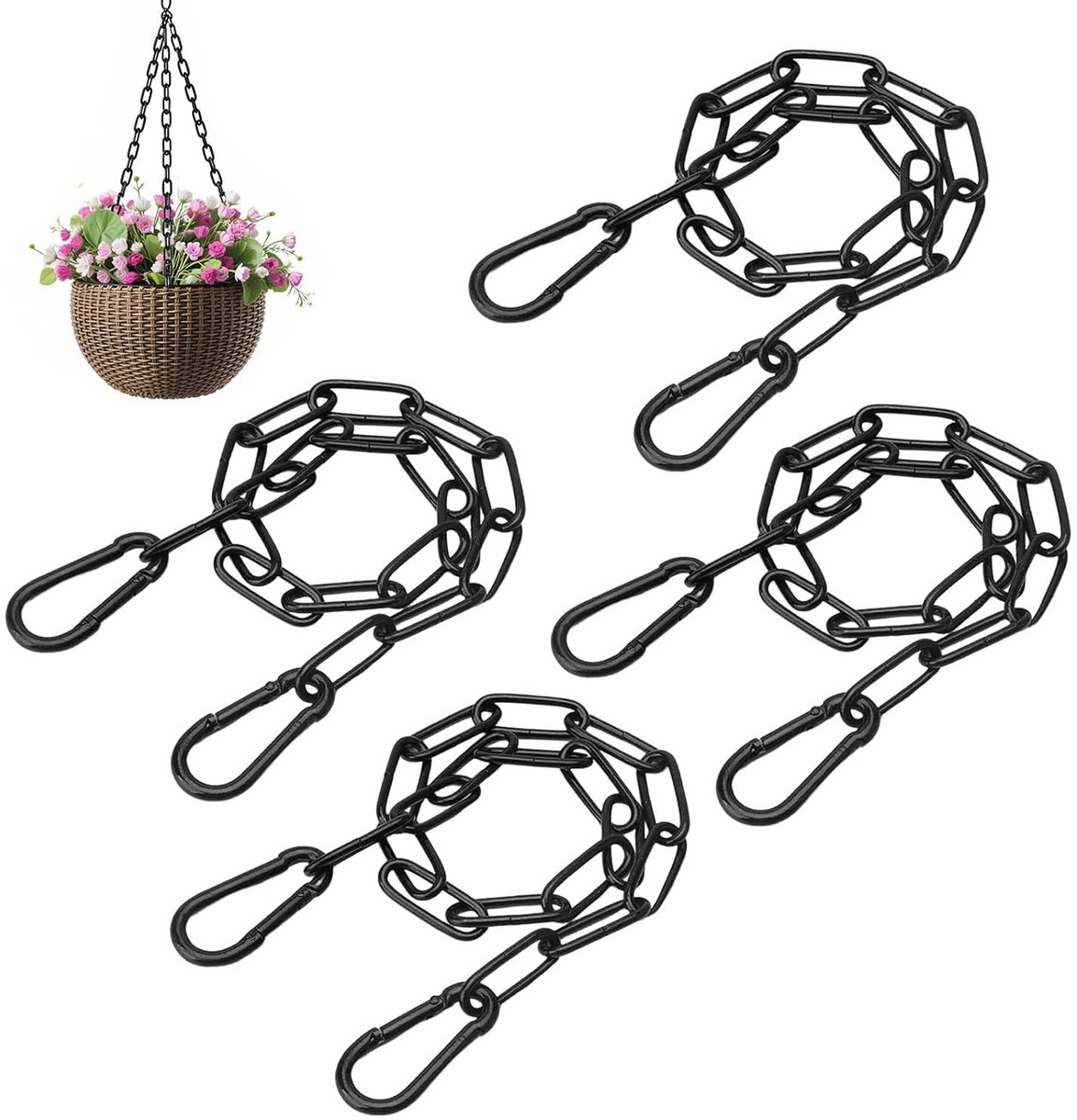 4 stuks zwarte ijzeren kettingen van 50 cm met karabijnhaak voor hekpoorten en tuinpoorten, 3 mm schakelketting, duurzaam en veelzijdig gebruik