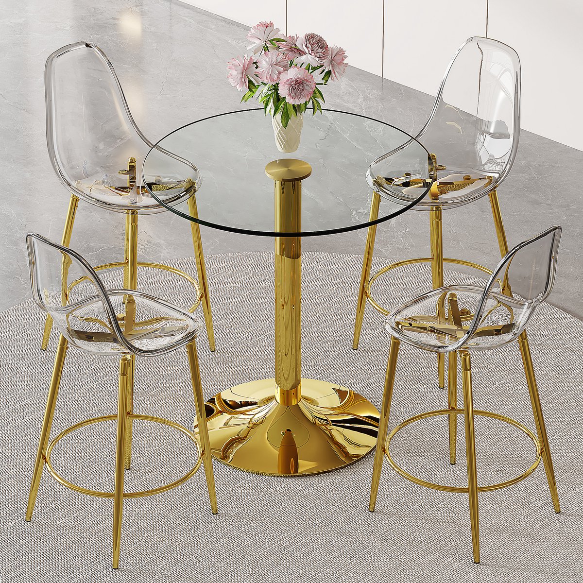 Wishdor Barset met glazen tafel en 4 barkrukken - Modern - Transparant - Goudkleurig metaal - 89 cm ronde tafel - Voor open keuken en bar - Met voetsteun