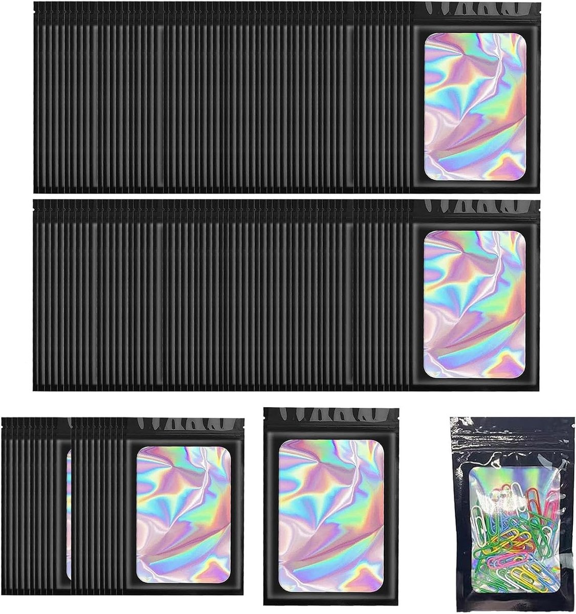 150 Stuks Holografische Resealable Mylar Tassen 7x10cm Transparant Venster Waterdicht voor Sieraden, Snoep, Koekjes en Opslag