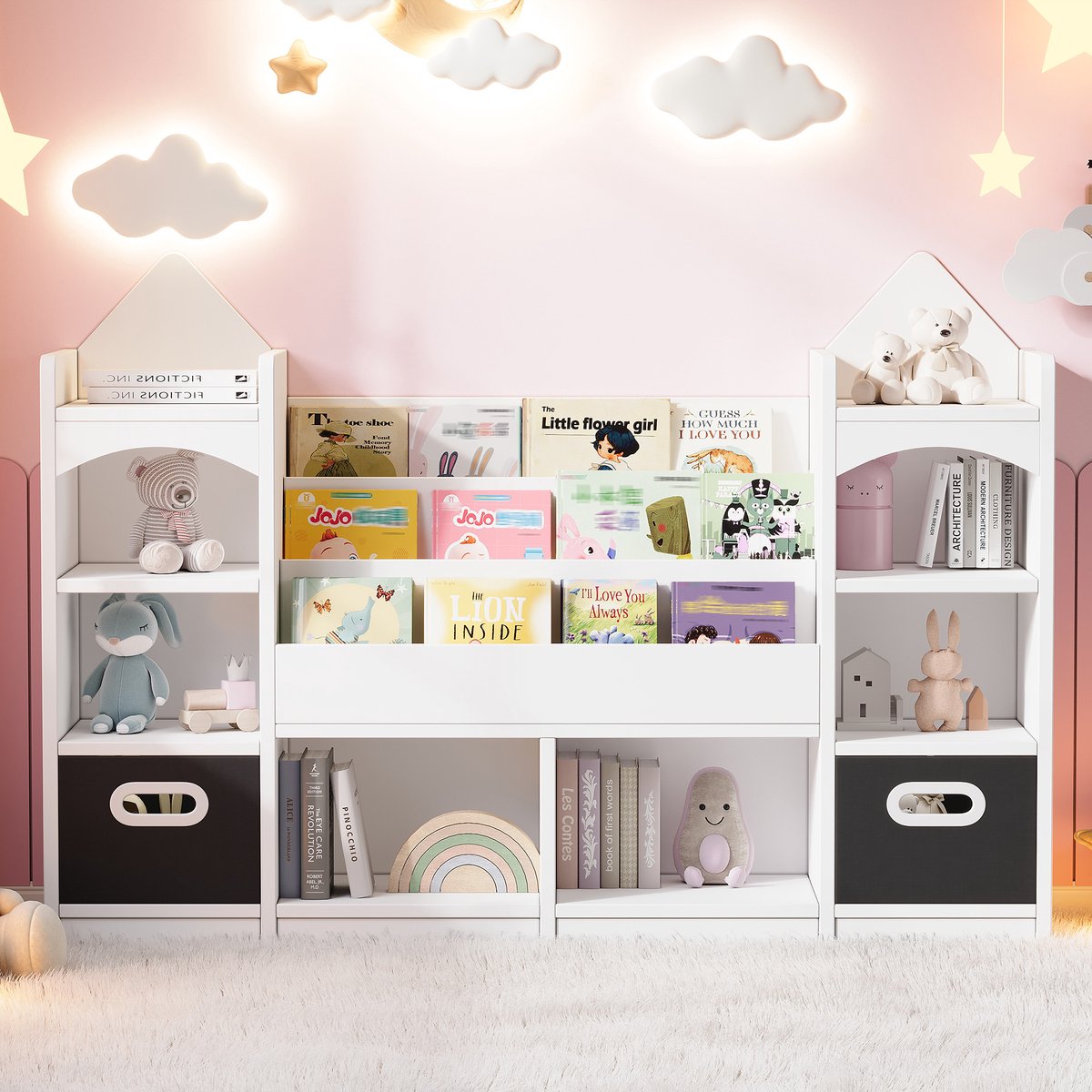 Wishdor Kinderboekenkast 130x30x90 cm - Kasteelvormig ontwerp - Open boekendisplay en 2 opvouwbare opbergboxen - MDF - Wit - Voor de kinderkamer