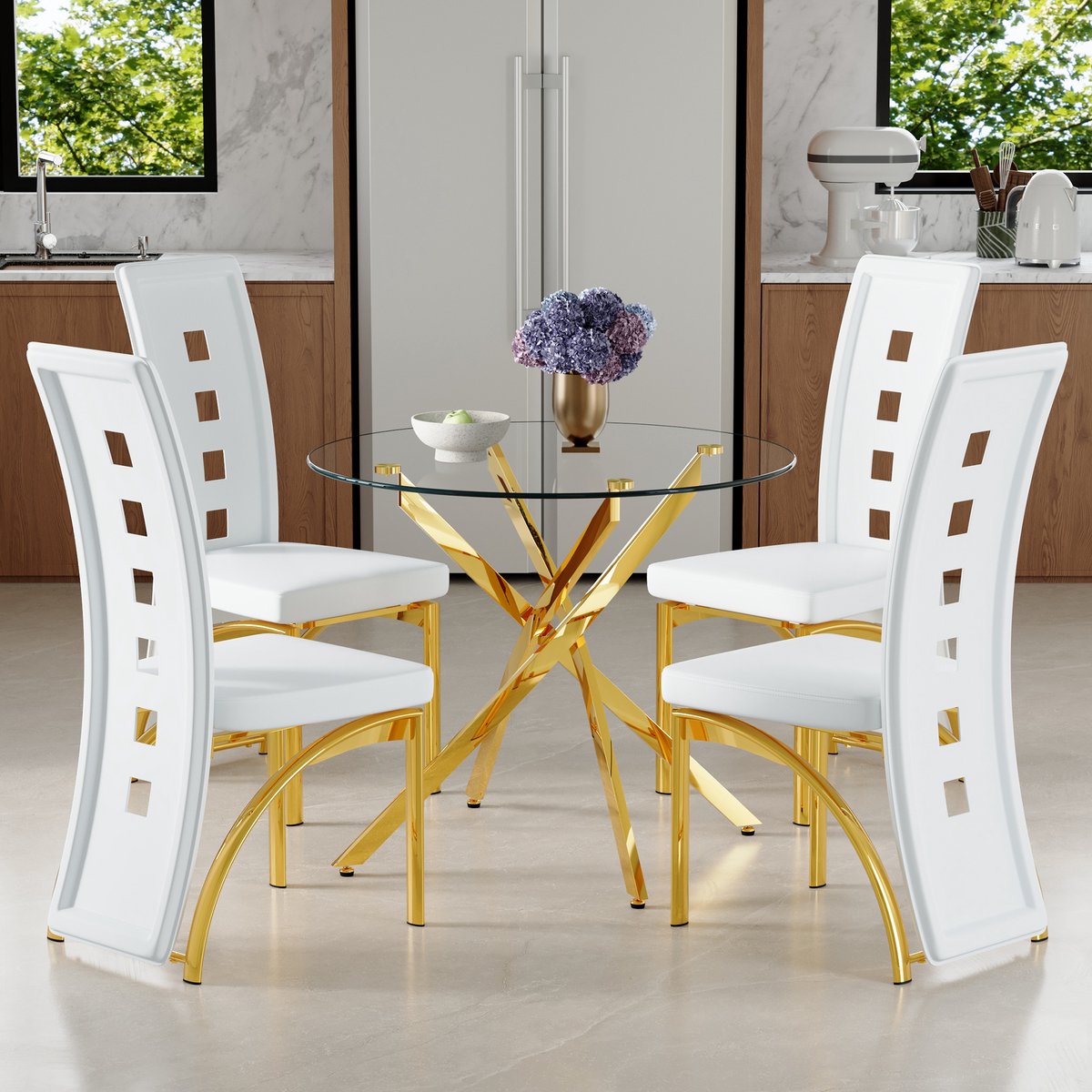 Wishdor Ronde eettafel set 4 stoelen - Modern design - Gehard glas en metaal - Wit goud - 88 cm tafel - Compact voor kleine ruimtes - PU leer