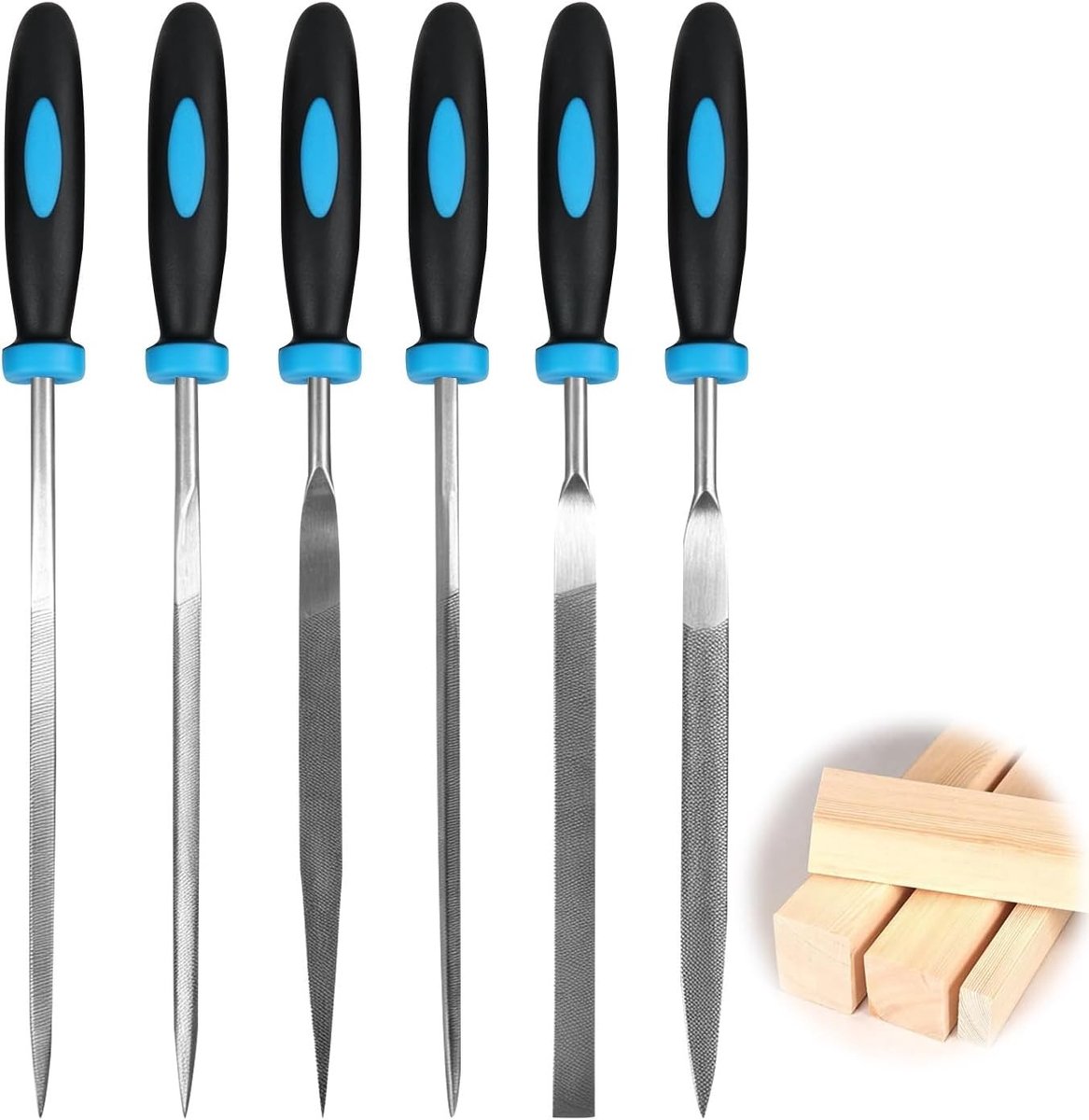 Set van 6 Vijlensets met Blauwe Handvatten voor Hout, Metaal en Kunststof - Diverse Vijlvormen en Maten