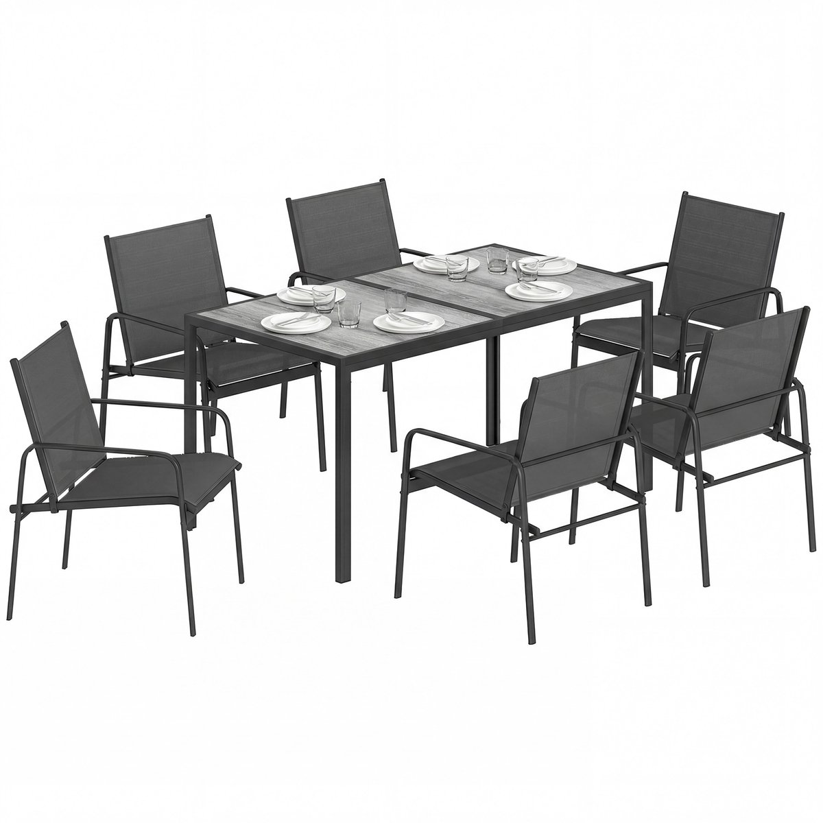 Outsunny Tuinset 7-delig met Tafel en 6 Stoelen - Tuinmeubelset - Eethoek Tuin - Zwart
