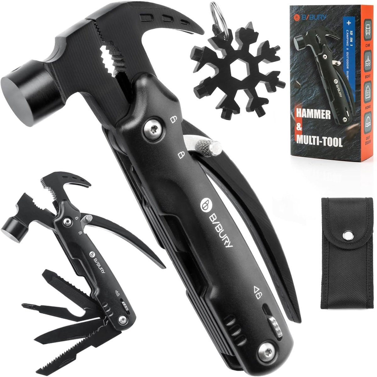 Multitool met Hamer en Sneeuwvlokken voor Buitenactiviteiten, Campingaccessoires, Overlevingsuitrusting, Perfect Cadeau voor Mannen, Vader of Echtgenoot, Ideaal voor Hiking en Noodsituaties