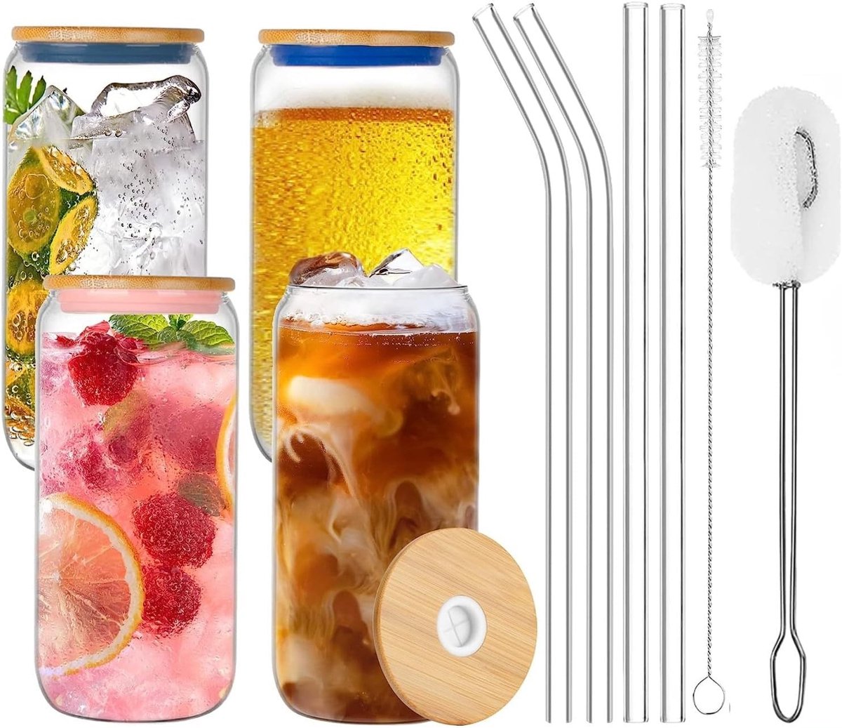 Set van 10 Bierblik Glazen, 4 Stuks 20oz/600ml Drinkbekers met Deksel en Rietjes, Inclusief 2 Reinigingsborstels - Perfect voor Bier, Cocktails en Milkshakes