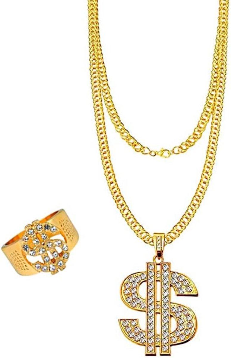 Hip-hop rapper accessoires set met gouden dollar ketting en ring in retro gangster stijl van de jaren 70, 80 en 90 - ideaal voor carnaval, themafeesten en kostuumverhuur!