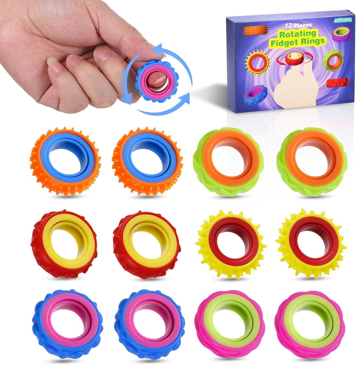 Sensory Ringen voor Kinderen en Volwassenen, 12 Stuks Textuur Spinner Ringen voor Stressverlichting, ADHD en Autisme Fidget Speelgoed