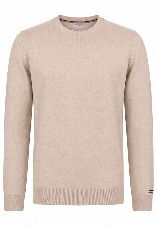 Lichtbeige trui van 100% katoen met ronde hals en merklabel.