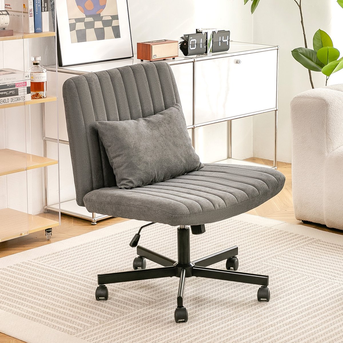 Wishdor Bureaustoel - Hoogteverstelbaar en draaibaar - Zonder armleuningen - Modern - Home office - Stoffen bekleding - Donkergrijs - Met kussen en stille wielen