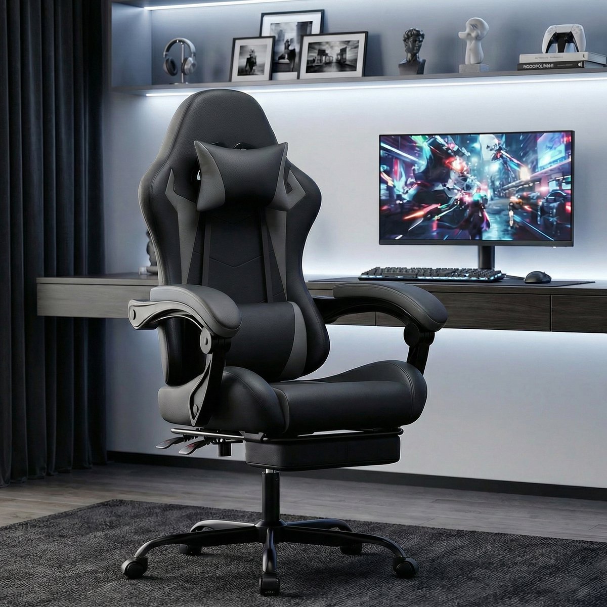 Wishdor Gamingstoel - Ergonomisch met lendenkussen en hoofdsteun - Verstelbare zithoogte - Kantelbaar tot 135° - Met voetsteun - Kunstleer - Zwart grijs