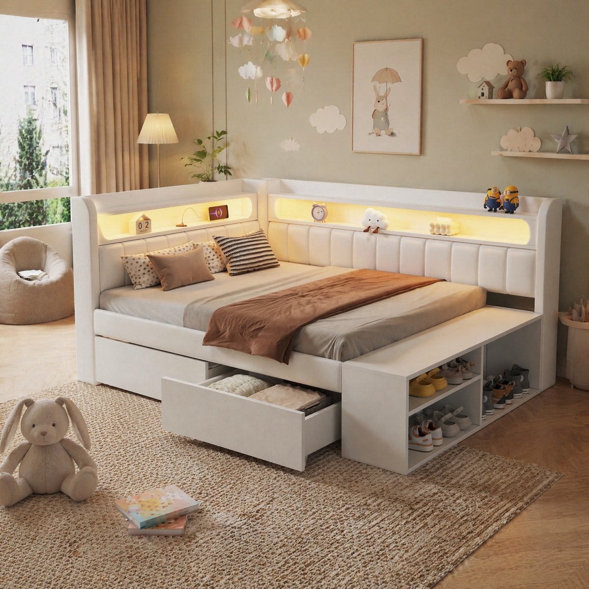 Wishdor Bed 90x200 cm - Met USB en 7-kleuren LED - Met lades en schoenkast - Wit - MDF en stof - Lattenbodem - Voor kinderen