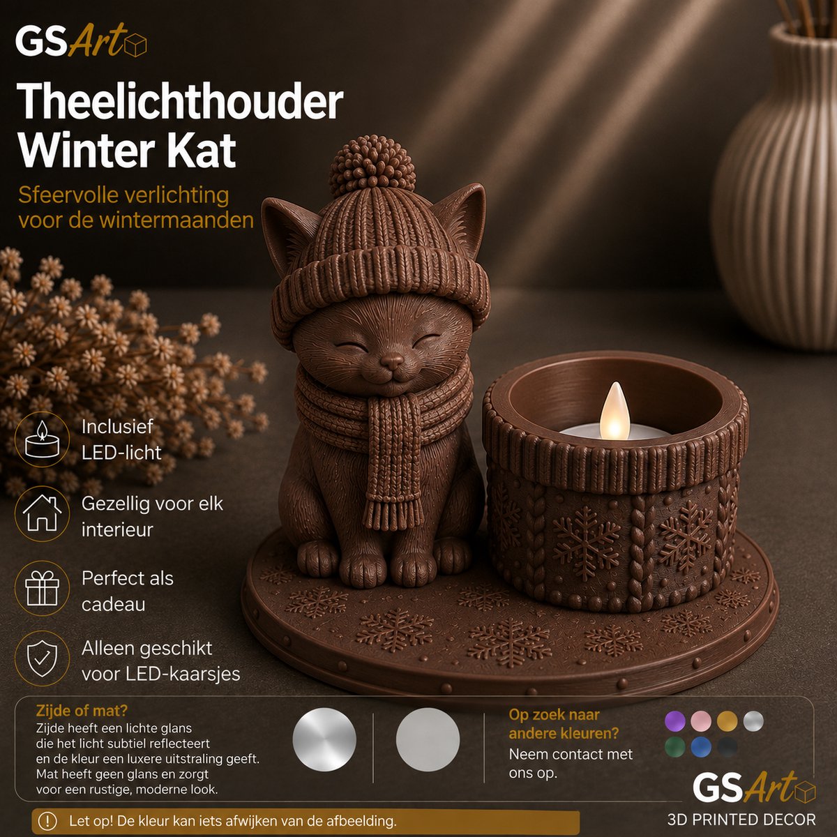 GSArt Theelichthouder Winter Kat – Inclusief LED-kaarsje - Chocoladebruin