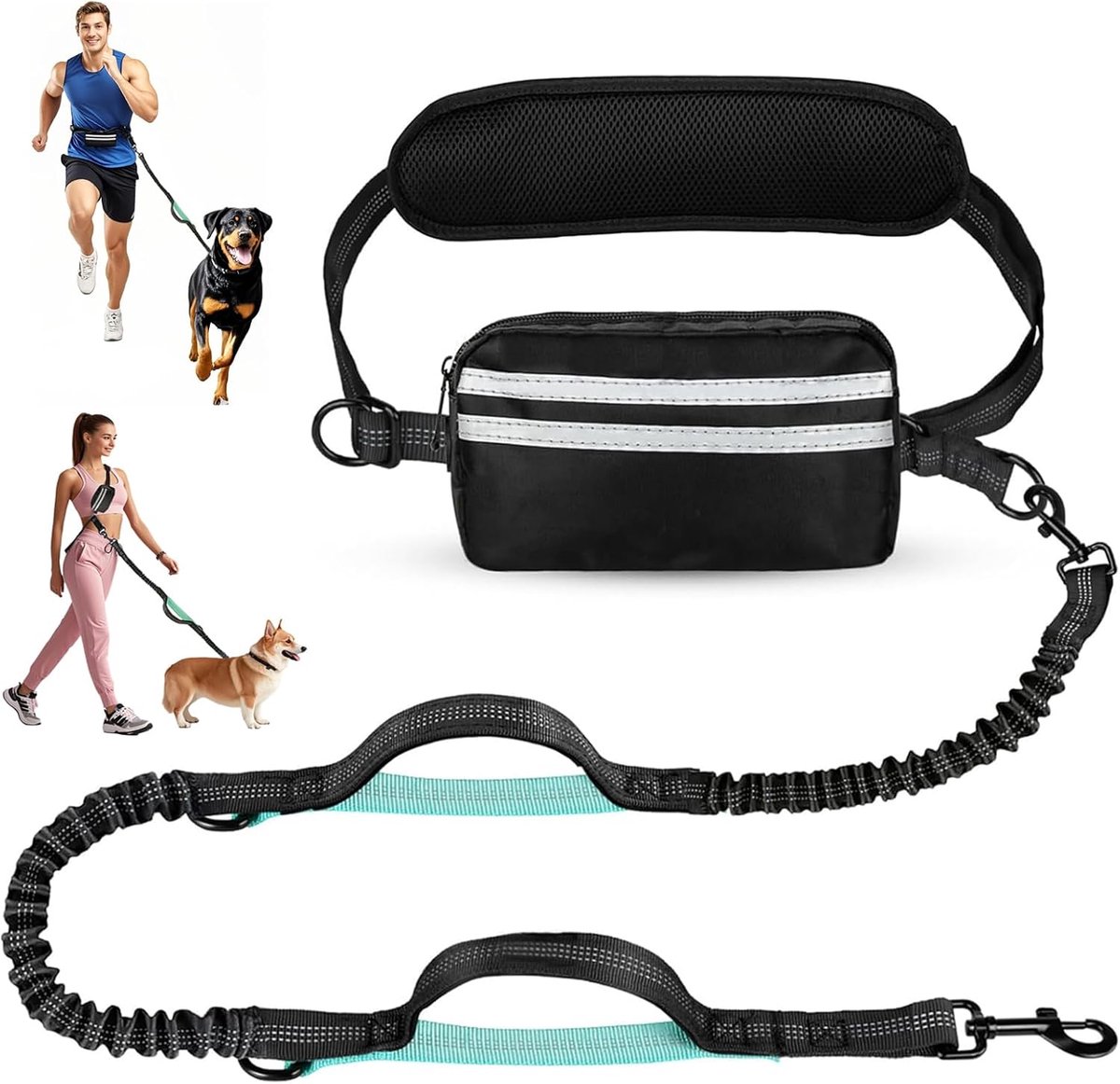 Handsfree Antitrek Bungee Dog Leash Black/Blue Large Dogs - ShopVlot