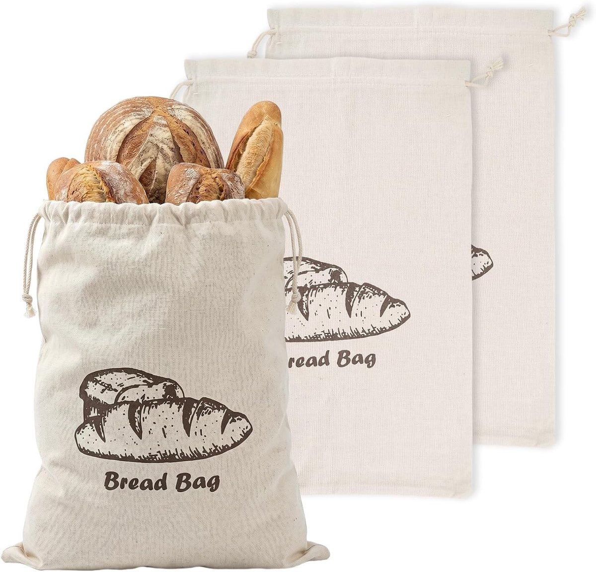 Linnen broodzakken, set van 3, 45 x 30 cm, ideaal voor vers houden van brood, herbruikbaar en milieuvriendelijk, perfect voor bakliefhebbers en duurzame opslag