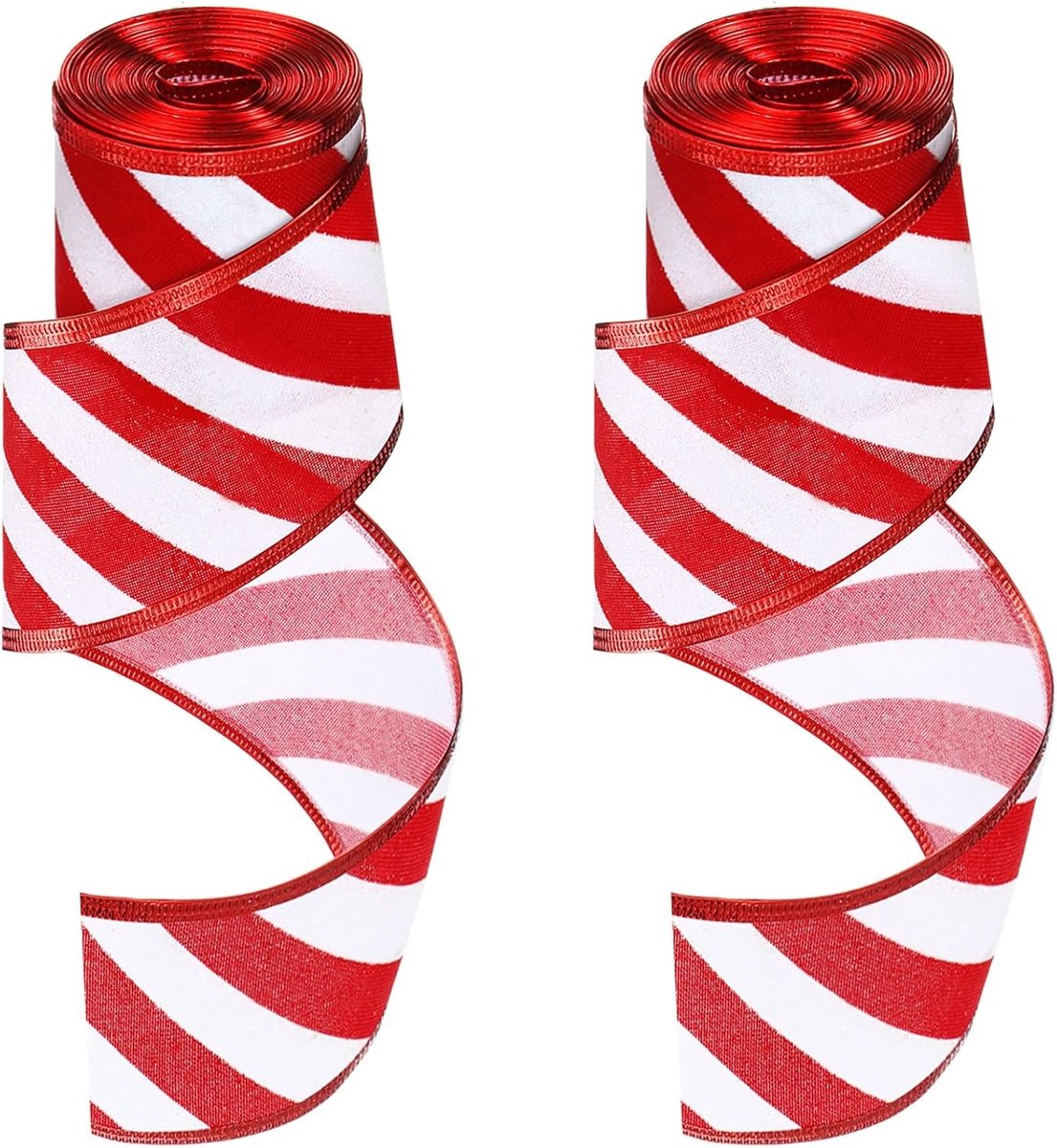 2 Rollen 2.5" x 6 yards Rood en Witte Kerstribbel met Draadrand voor DIY Decoraties, Wreaths en Cadeauverpakking