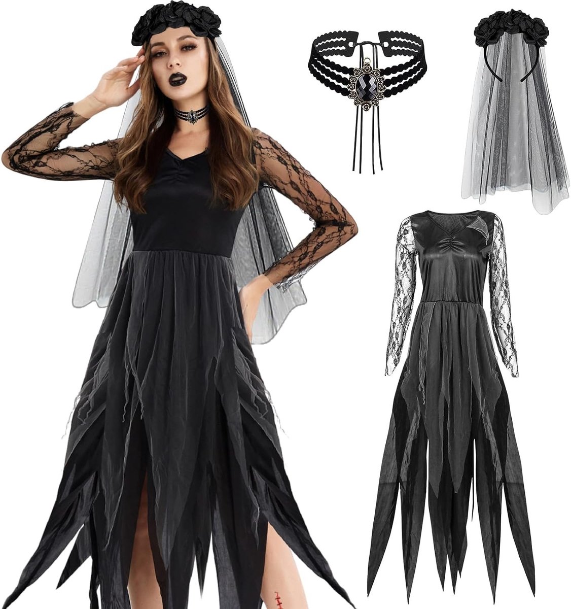 Spookachtige Bruid Kostuum voor Halloween, Zwarte Geest Bruid, Slechte Koningin Outfit, Carnaval en Cosplay Kostuum