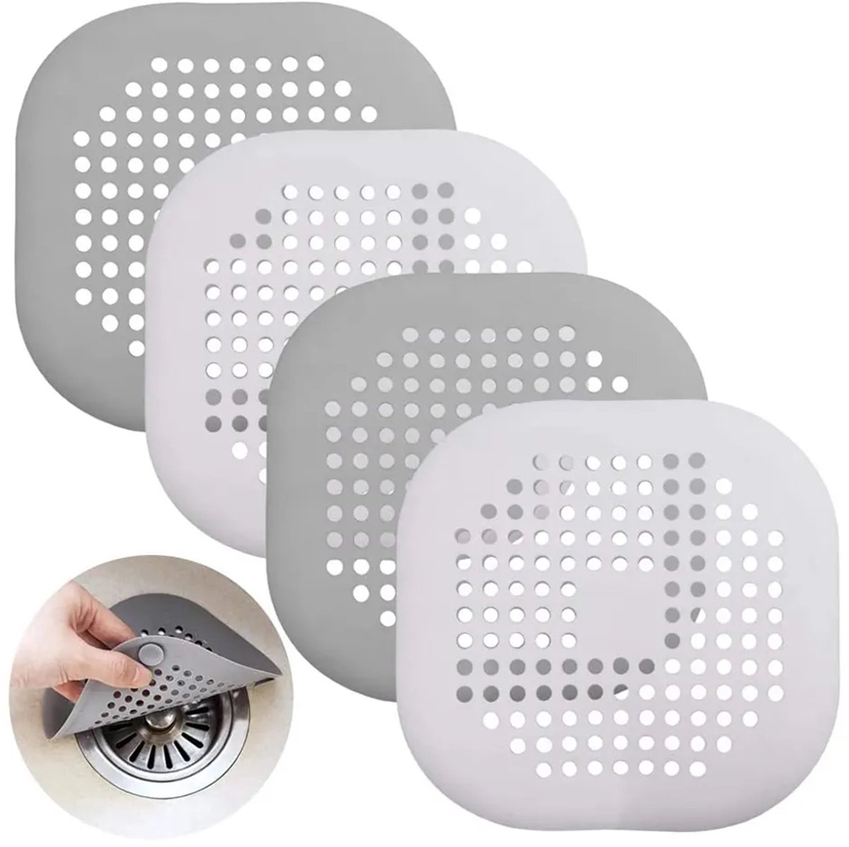 Vierdelige siliconen afvoerfilterset, bestaande uit een doucheafvoerfilter, een doucheafvoerdeksel, een gootsteenfilter en een haarfilter Geschikt voor badkamer, badkuip en keuken.