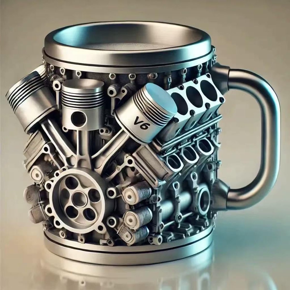 Casalora® Stalen Themacup V6 Motor – RVS Koffiemok met Warmte – isolerend Handvat – Gedetailleerd 3D Motor Ontwerp – kopje – Glas – Ideaal cadeau voor autofans, monteurs en vaders – Zilver