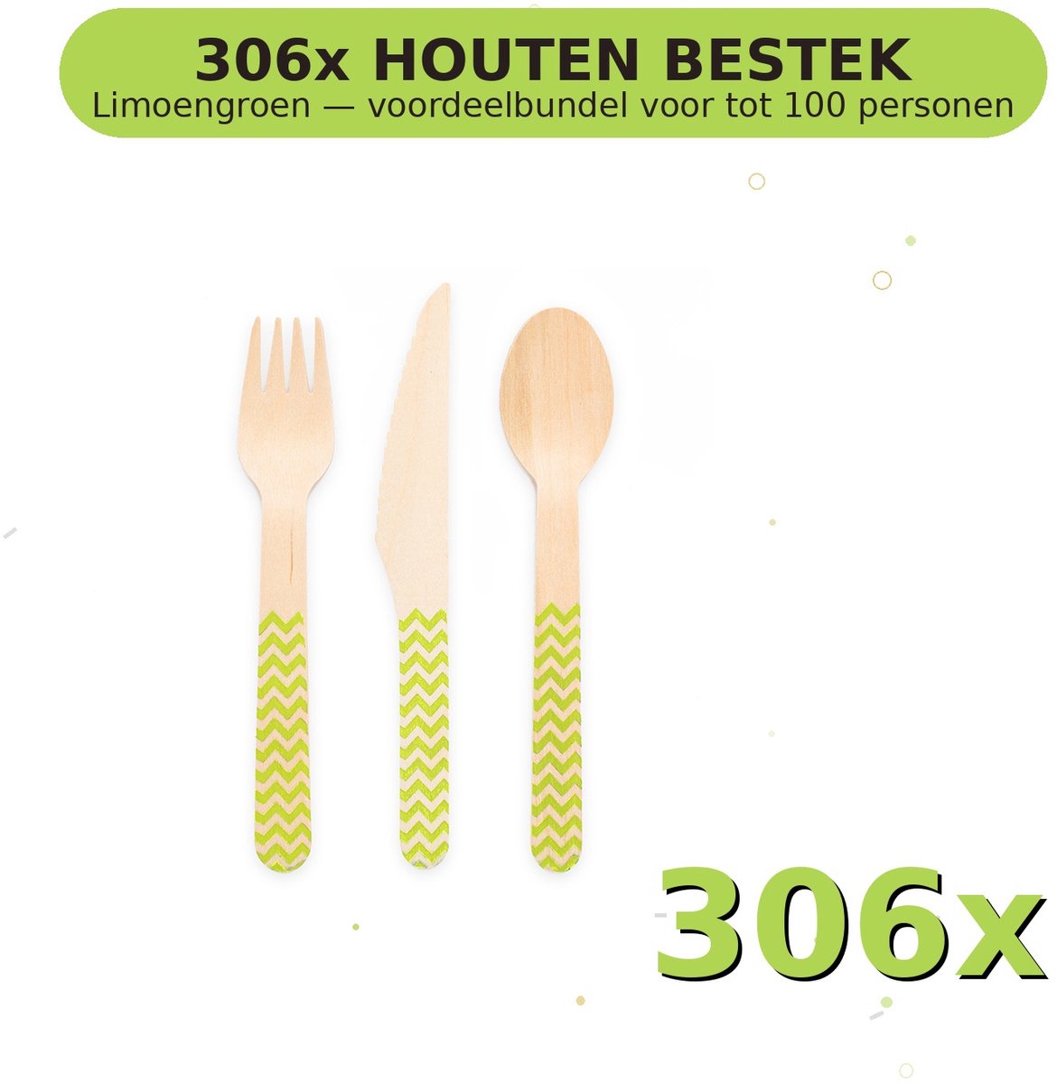 Houten bestek FSC Limoengroen - Voordeelverpakking 306 Stuks voor tot 100 Personen - Feestartikelen