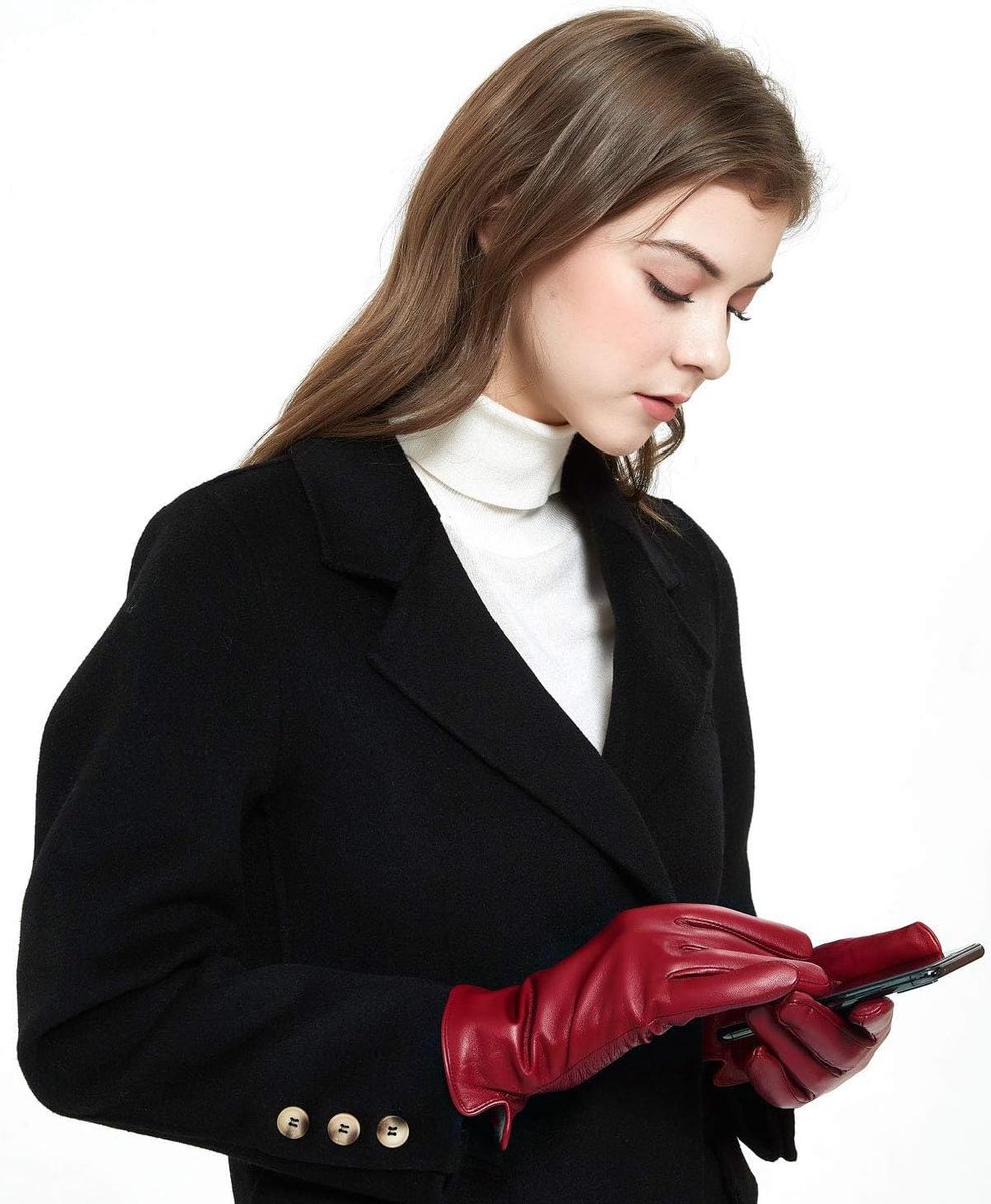 Ladies Soft Genuine Lambskin Touch Screen Winter Riding Gloves Cashmere Lined - ShopVlot