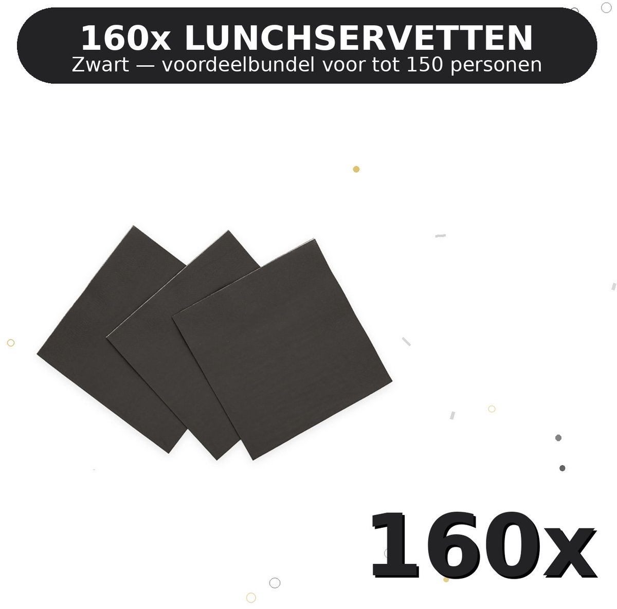 Lunch servetten 33x33cm FSC Zwart - Voordeelverpakking 160 Stuks voor tot 150 Personen - Feestartikelen