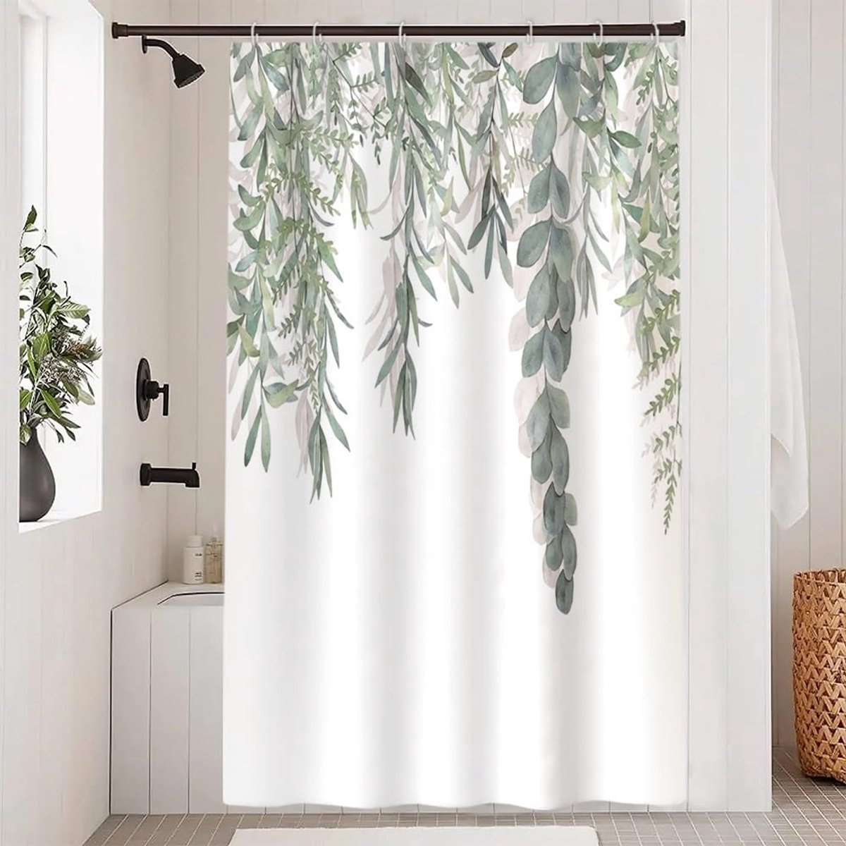 Uiiooazy Douchegordijn met eucalyptus, groen, aquarel, bladeren, planten, textiel, douchegordijn, anti-schimmel - ShopVlot