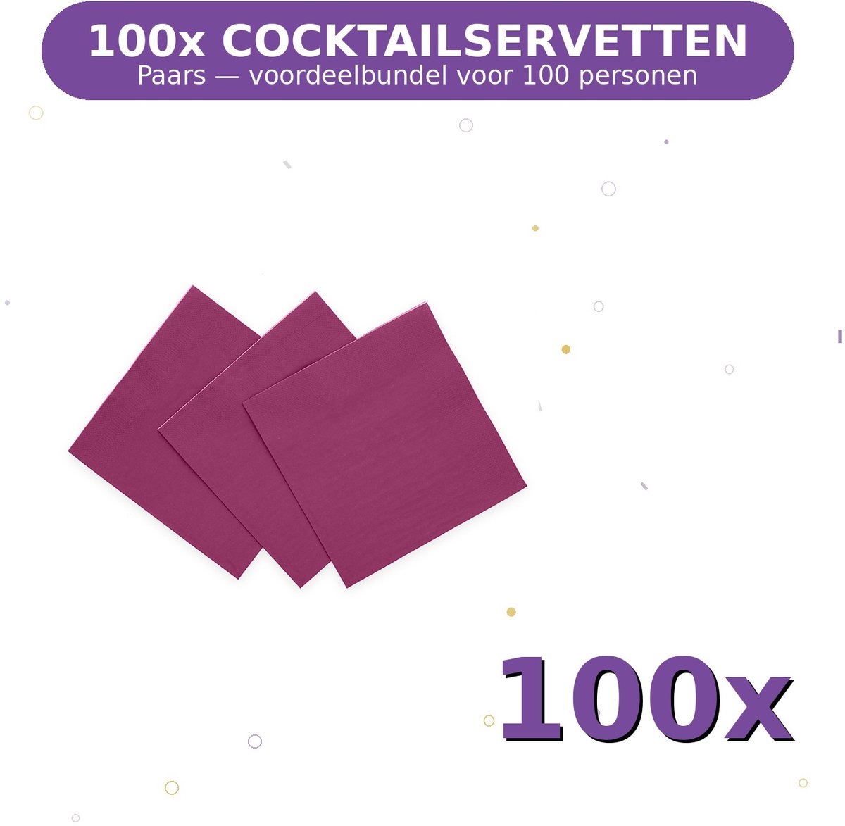 Cocktail servetten 24x24cm FSC Paars - Voordeelverpakking 100 Stuks voor tot 100 Personen - Feestartikelen