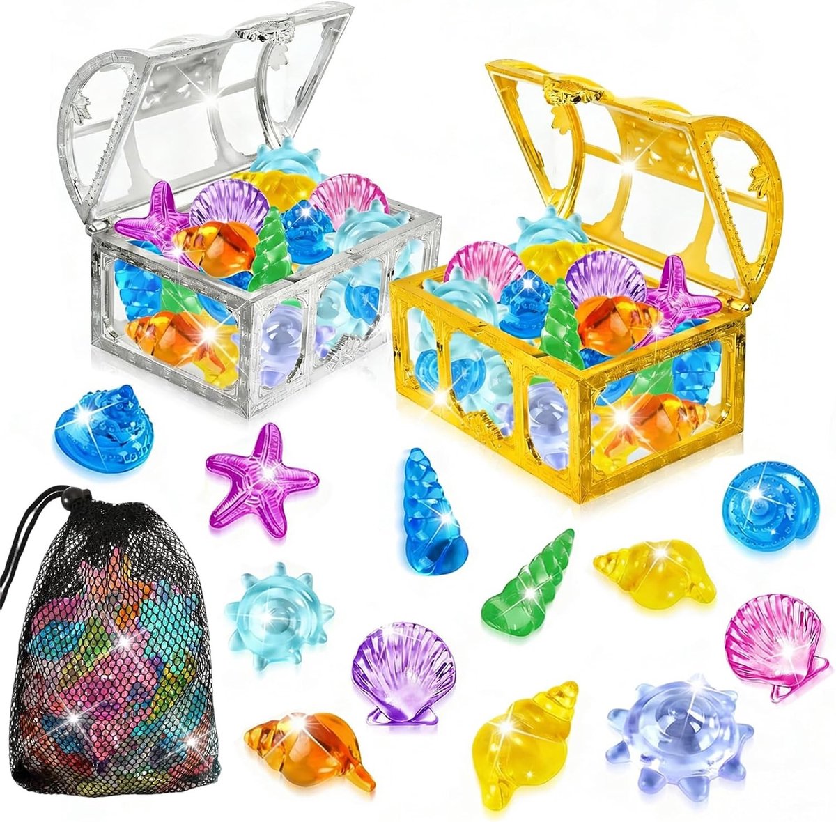 Kleurrijke Duikgems voor Zwembadplezier, 36 Stuks met Schatkist en Mesh Tas voor Strandfeesten en Wateractiviteiten